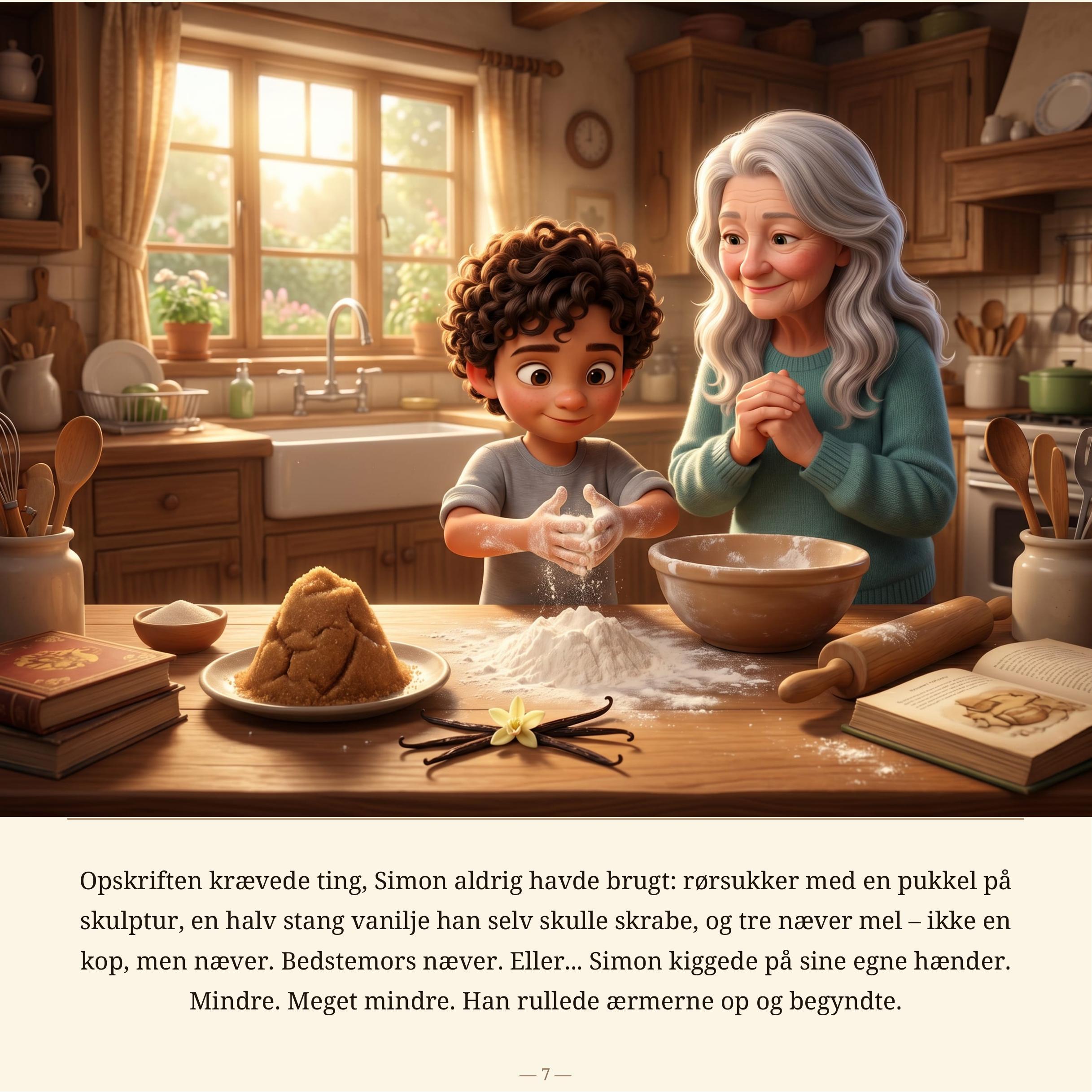 Side 7: Simon ælter dej ved køkkenbordet, og bedstemor ser stolt til