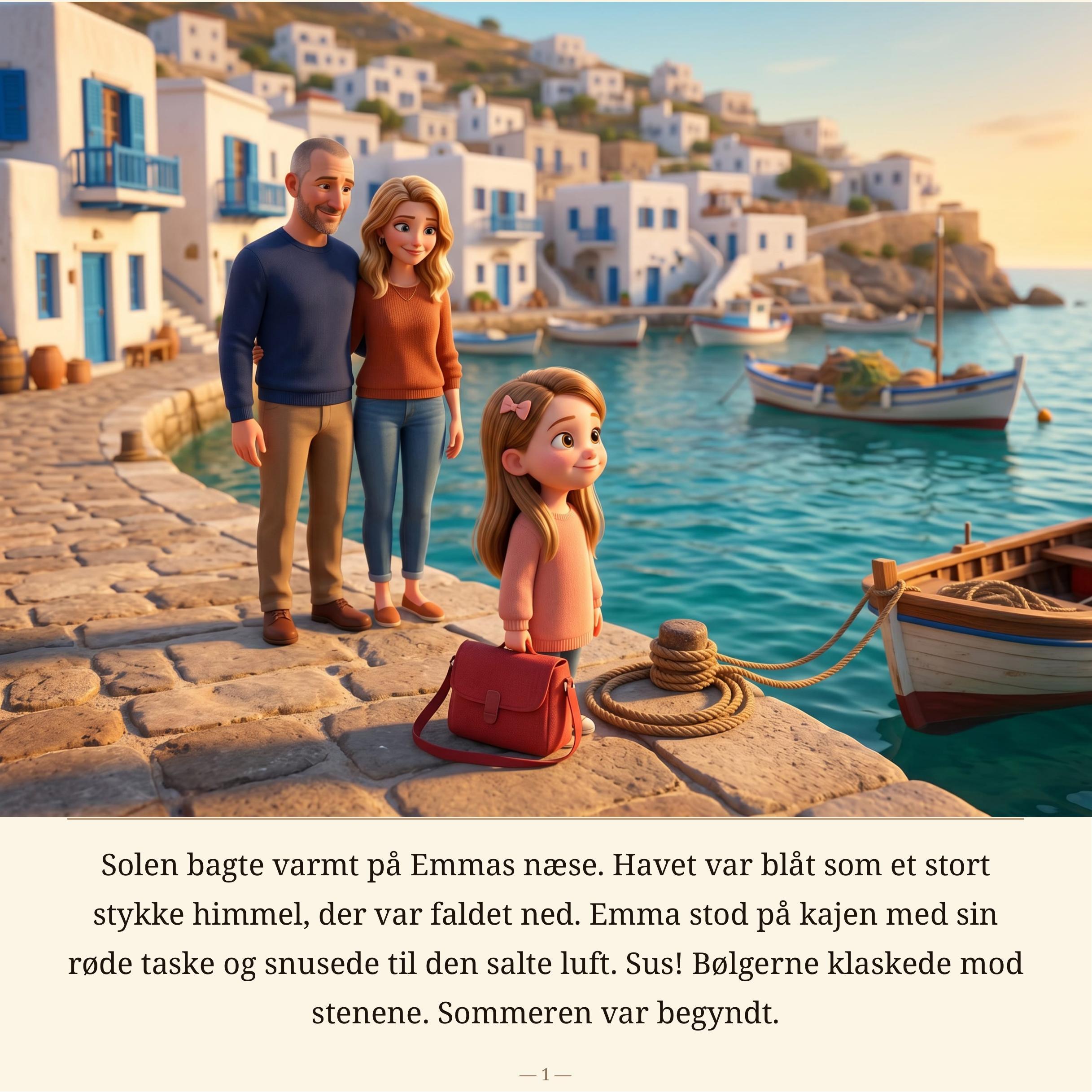 Side 1: Emma står på havnen i en græsk øby med hvide huse og fiskerbåde