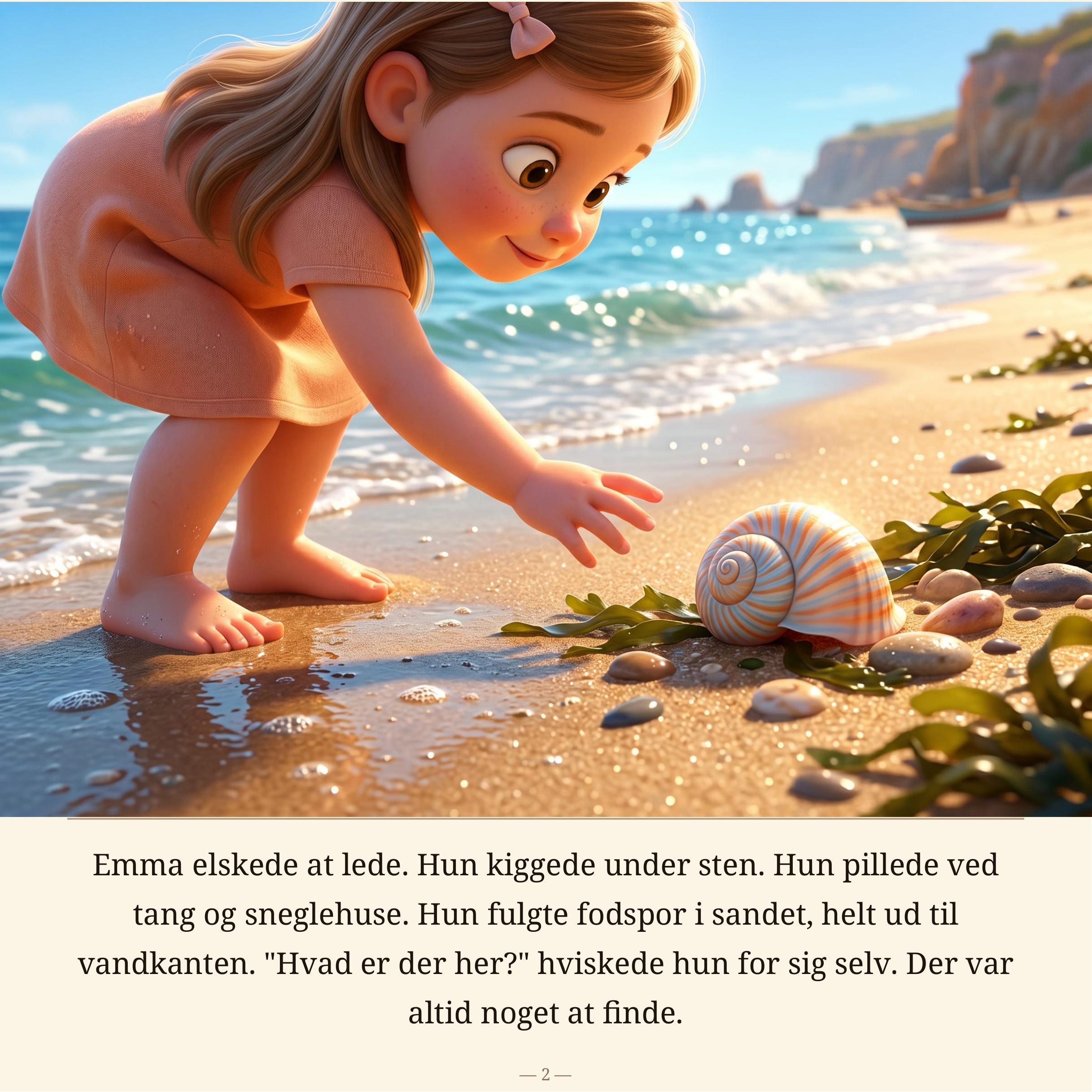 Side 2: Emma bøjer sig ned ved vandkanten og kigger på tang og sten i sandet