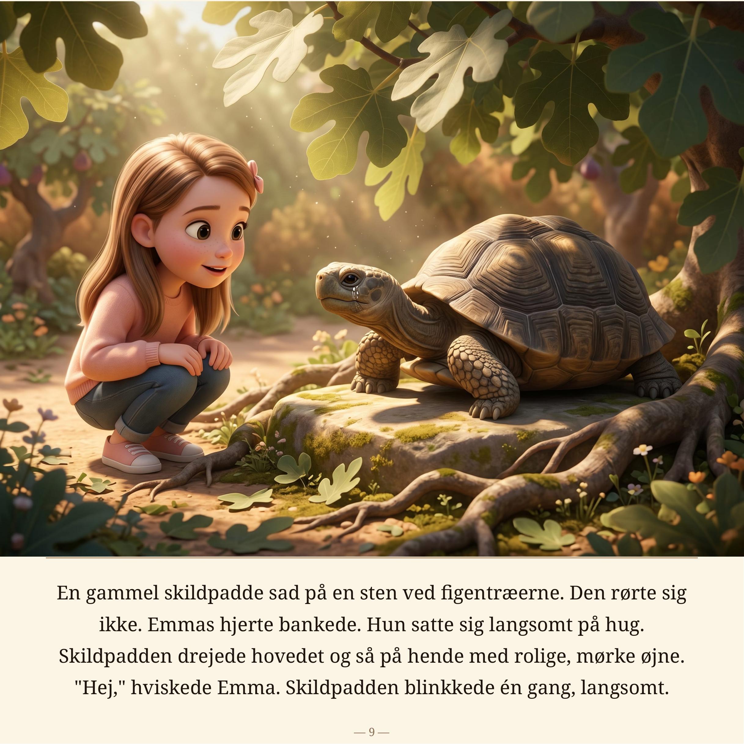 Side 9: Emma sidder på hug og hilser på en gammel skildpadde under figentræerne