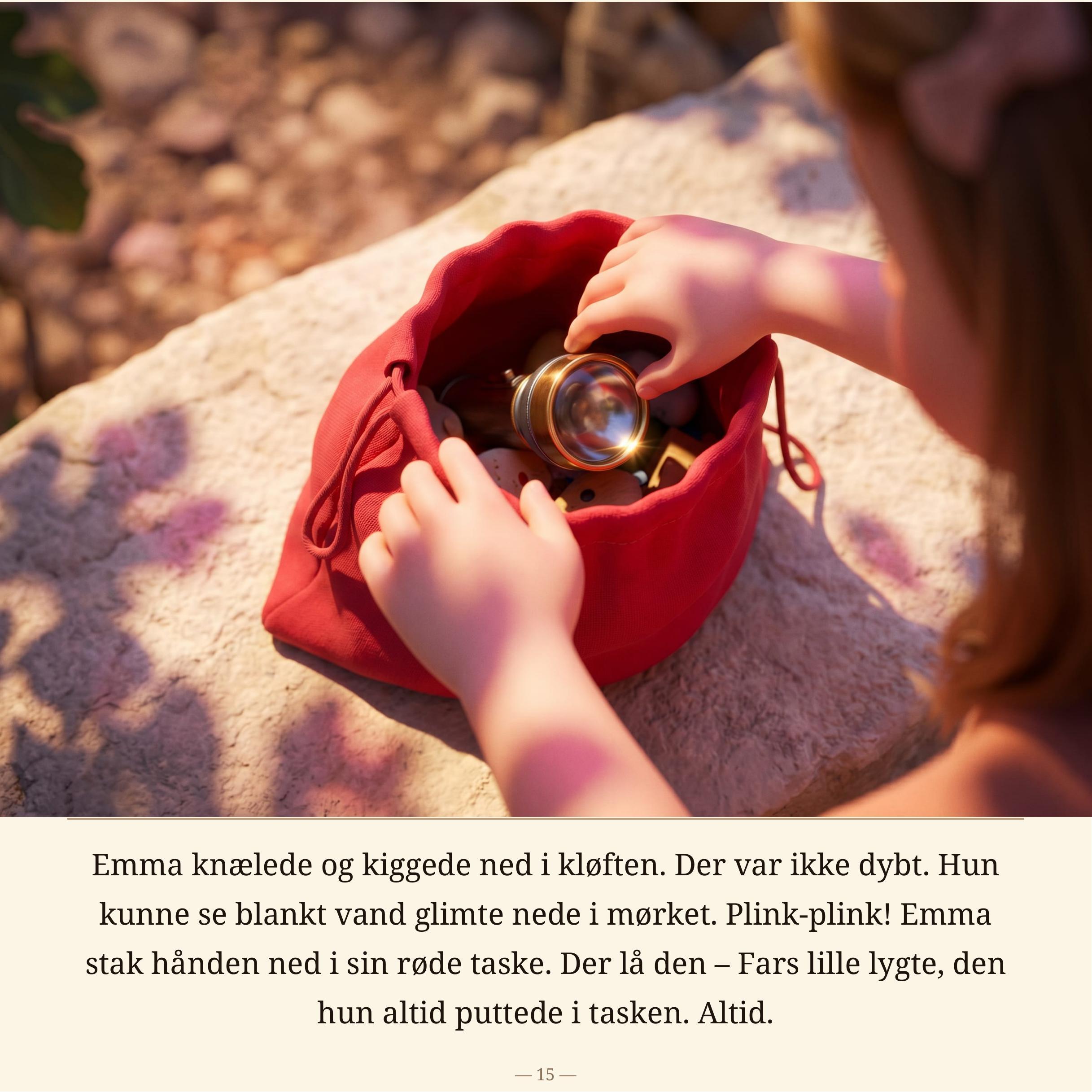 Side 15: En lille messingkikkert i Emmas røde taske